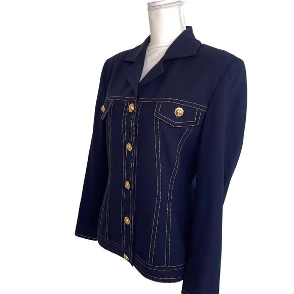 Anne Klein Womens Wool Jacket Navy Blue Size 8 Vintage Crepe Gold Buttons Lined - Picture 3 of 12